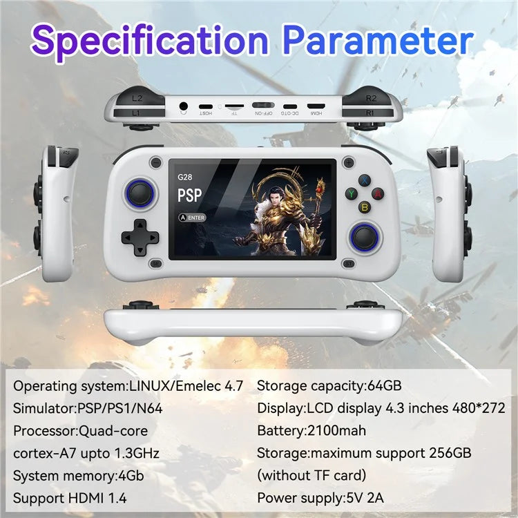 Console per Videogiochi Portatile G28 64G con Schermo IPS HD da 4,3 Pollici - Dispositivo Arcade Retrò