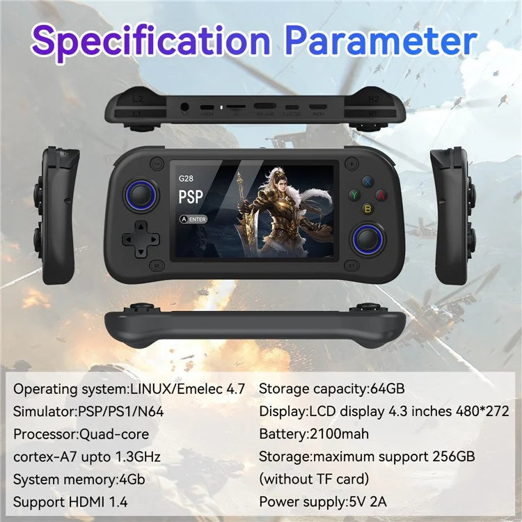 Console per Videogiochi Portatile G28 64G con Schermo IPS HD da 4,3 Pollici - Dispositivo Arcade Retrò