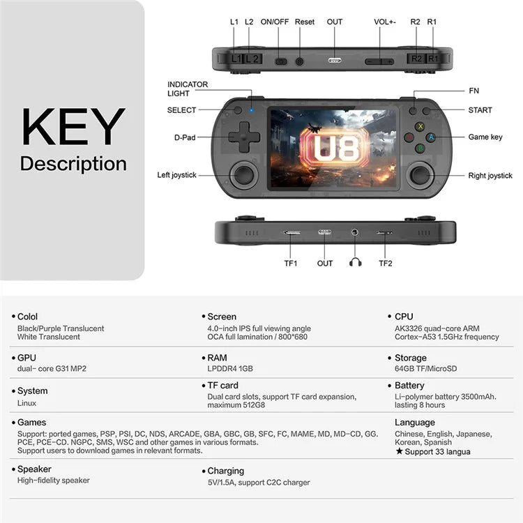 Console per Videogiochi Portatile G28 64G con Schermo IPS HD da 4,3 Pollici - Dispositivo Arcade Retrò