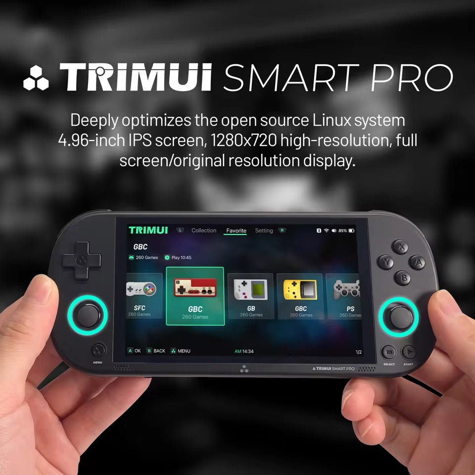 Trimui Smart Pro console portatile per giochi, console con display da 4,96 pollici preinstallata con emulatore e schede TF, console retrò con sistema Linux