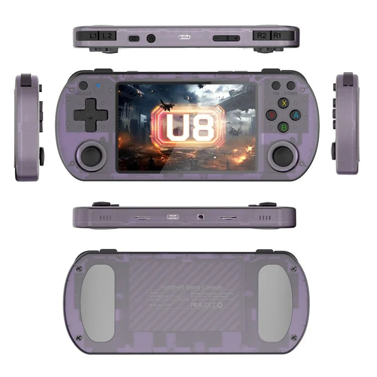 Console per Videogiochi Portatile Retrò U8 con Sistema Linux Open Source, Schermo IPS da 4,0 Pollici - 64GB di Archiviazione, Viola Trasparente