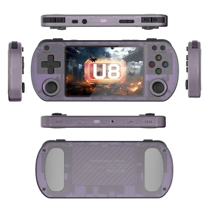 Console per Videogiochi Portatile Retrò U8 con Sistema Linux Open Source, Schermo IPS da 4,0 Pollici - 64GB di Archiviazione, Viola Trasparente