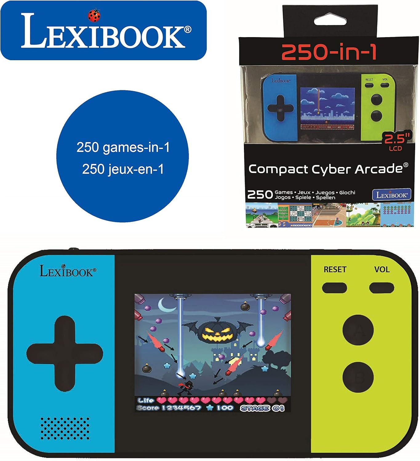 Lexibook- Console di Gioco Portatile Compact Cyber Arcade, 250 Giochi, LCD, Batteria, Videogioco Bambino Adolescente